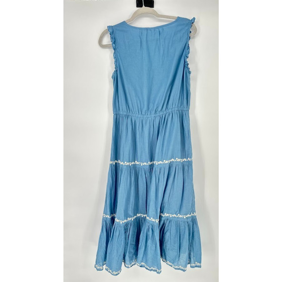 Lucky Brand Dress Sz M Blue Midi Floral Embroidered Tiered Ruffle Peasant Boho - Picture 5 of 8